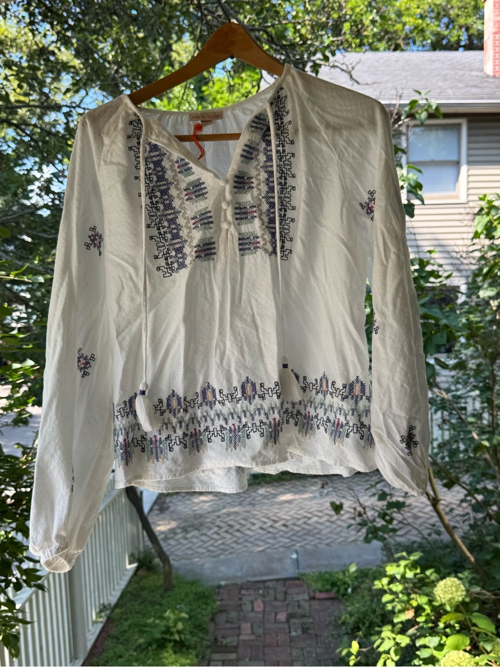 Knox Rose White Embroidered Peasant Top with Blue and Pink Accents